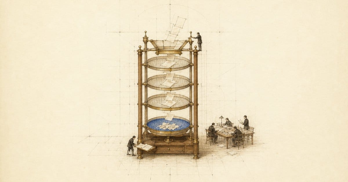 Architectural drawing of a tall four-tier sieve instrument, loose papers falling through into a blue basin at its base.