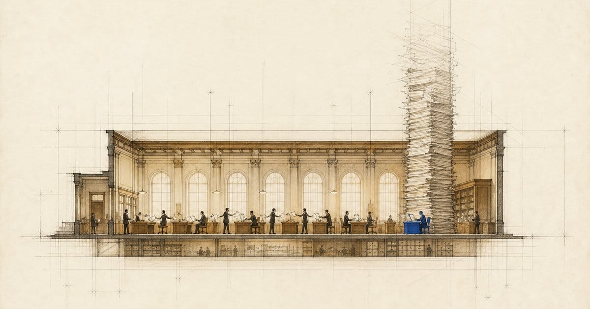 Sectional drawing of an office hall: a row of desks passing papers toward one desk buried under a ceiling-high paper stack.