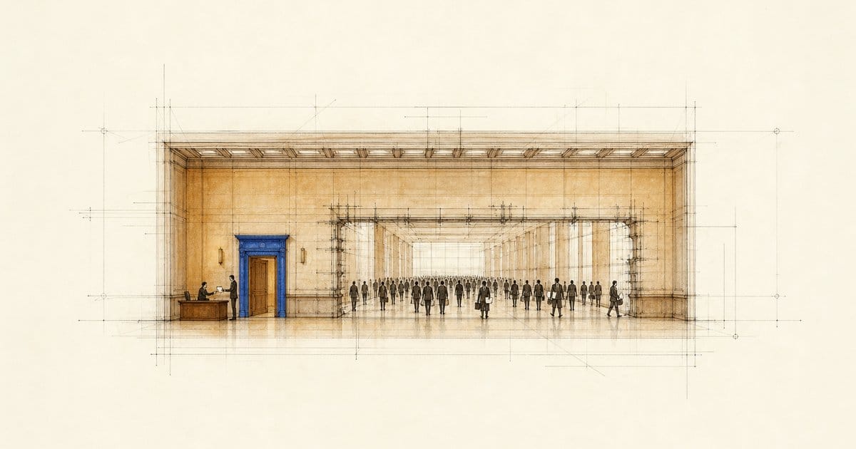 Architectural drawing: a small blue doorway with a checker at a desk, beside a vast open breach a crowd walks through.