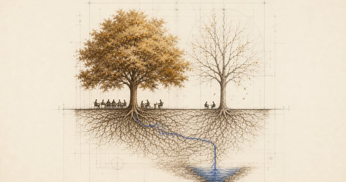 Specimen drawing of two trees in one soil: one with a full crown and busy desks, one bare with two people left.