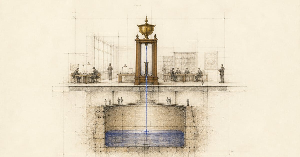 Section drawing: a small brass water clock in an office drips a blue thread into a vast hidden cistern below the floor.