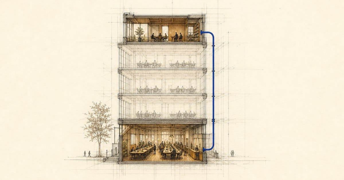 Cutaway drawing of an office building: lively ground floor, faint unfinished middle floors, one blue tube rising to the top.