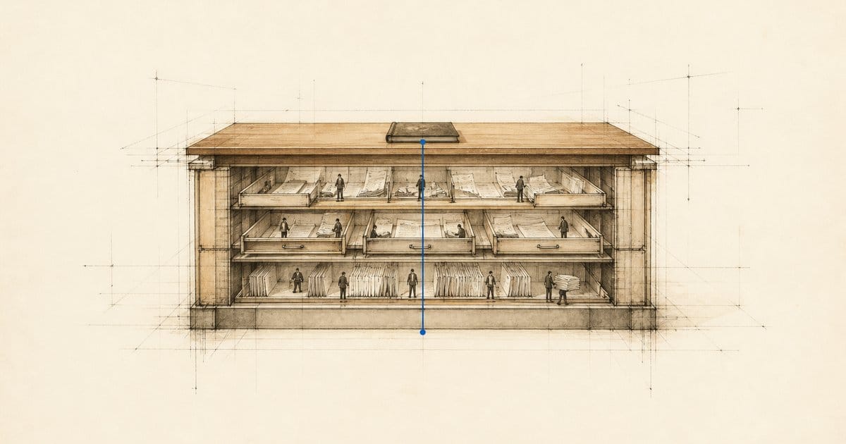 Cutaway drawing of a wide wooden desk with three hidden review floors and one blue line running through them.