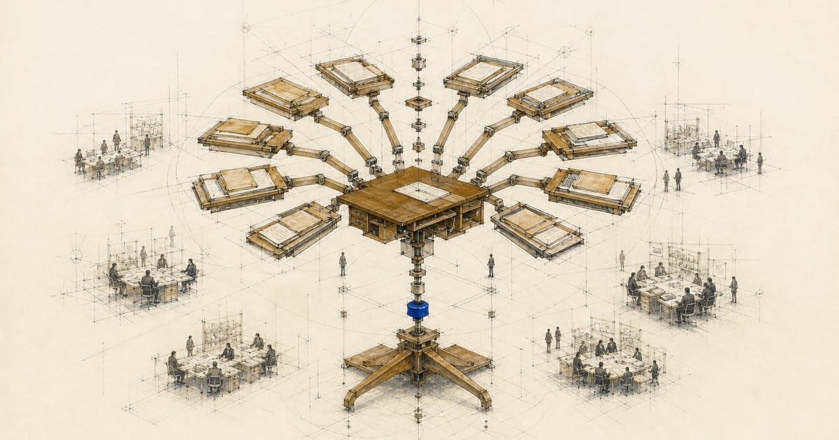 Exploded drawing of ten document trays around a wooden desk, all joined to one cobalt pivot.