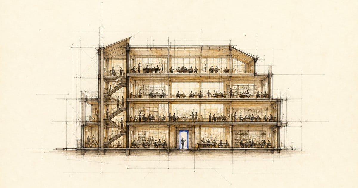 Architectural cutaway drawing of a busy multi-floor office; the single ground-floor doorway out is drawn in blue.