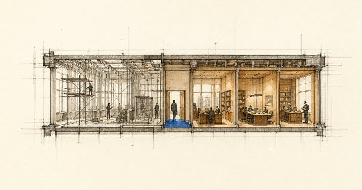 Architectural cutaway of one office floor: finished rooms with desks on the right, scaffolding and bare frame on the left.
