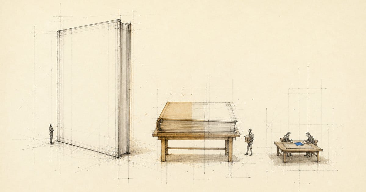 Architectural drawing: one document in three sizes, from a wall-sized blank book to a small blue card two people read.