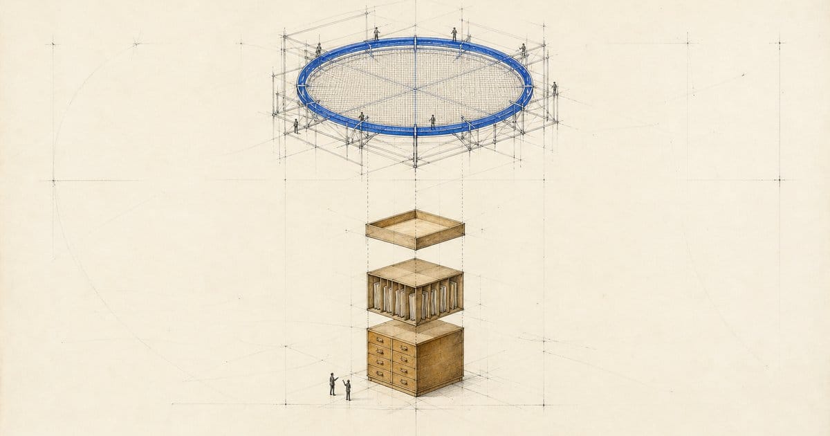 Exploded drawing of a filing cabinet with a huge unfinished sieve above it, still being built by tiny figures.