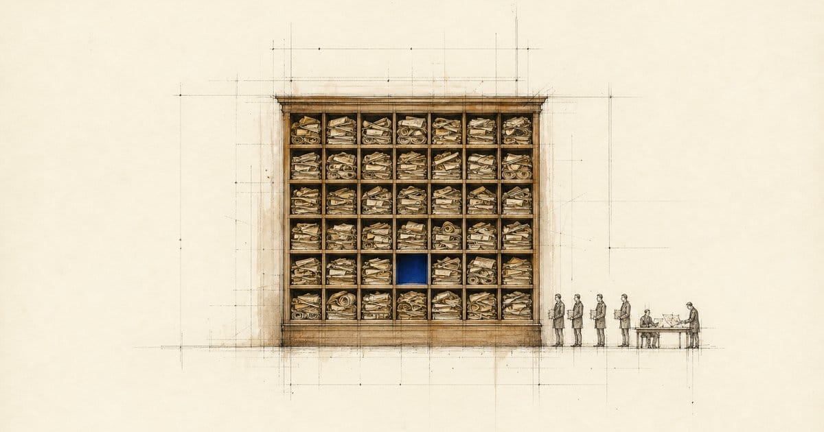 Measured drawing of a tall wooden pigeonhole rack, every slot packed with documents except one empty slot in blue.