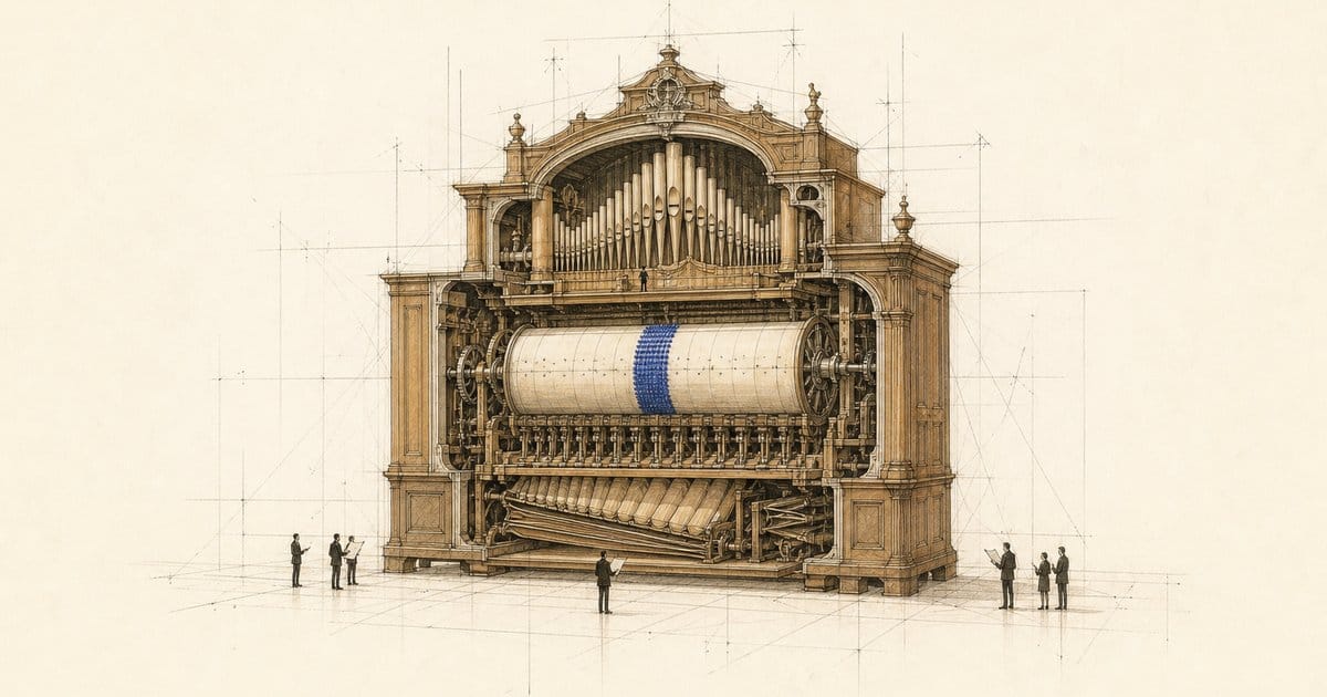 Architectural drawing of a large barrel organ. Its pinned cylinder is blank except one narrow blue band of pins.