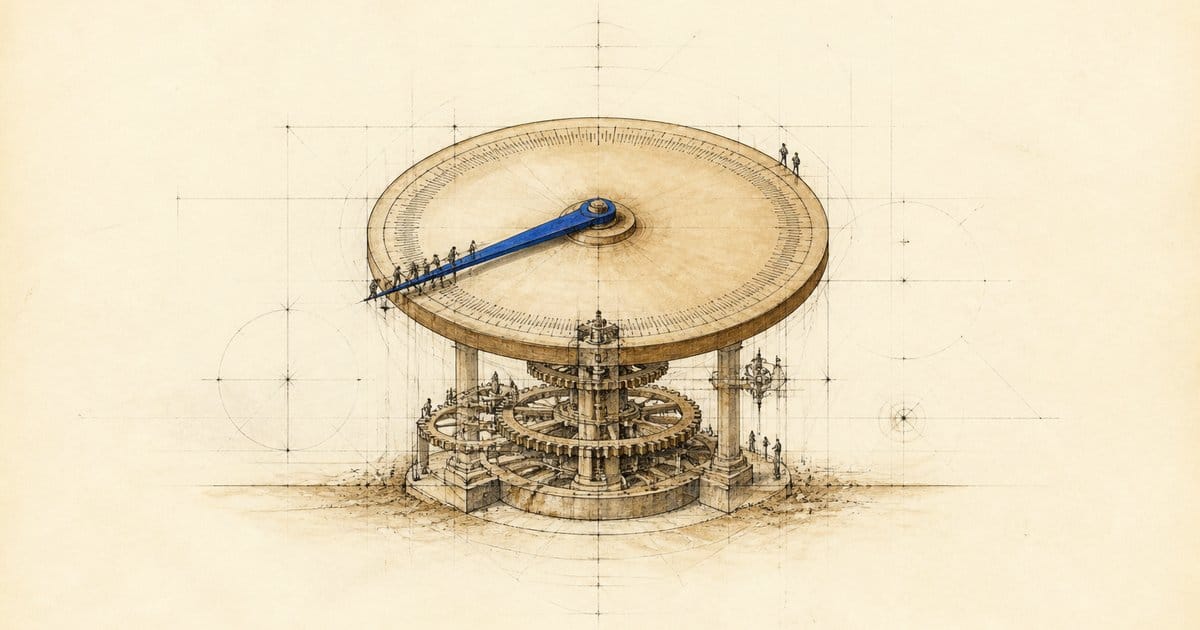 Architectural drawing of a giant calibrated dial, its long pointer hauled down the scale by tiny figures on the rim.