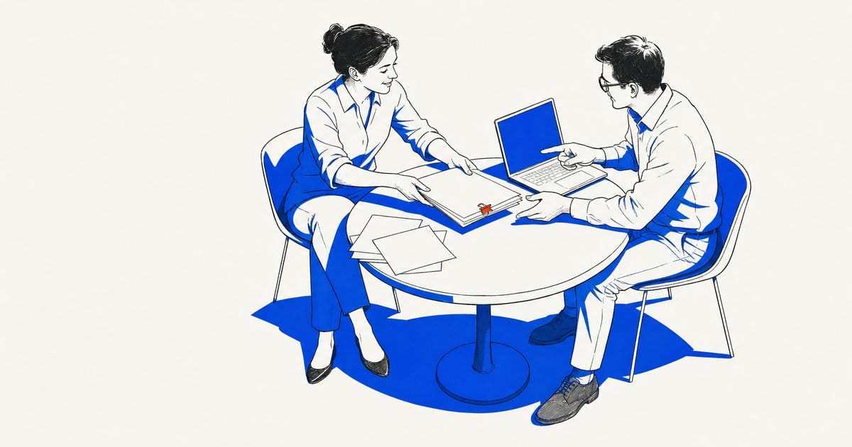 Two coworkers pass a clipped folder across a table beside loose sheets and an open laptop.