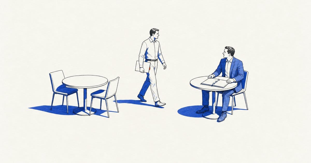 A client walks away from an empty meeting table toward a consultant at another table.