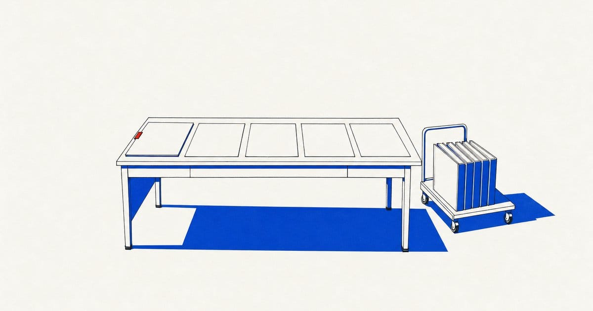 Blank folders fill a long desk beside a cart carrying more files.