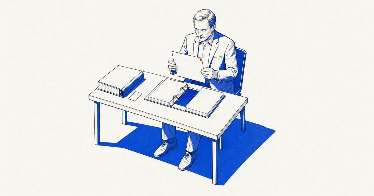 A man reads a sheet at a desk beside an open binder, a closed binder and a small slip of paper.