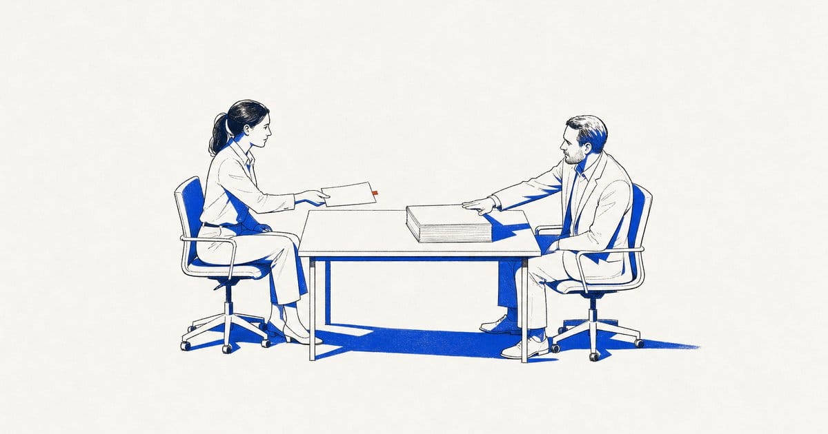Two colleagues exchange a slim sheet and a thick report across a desk.