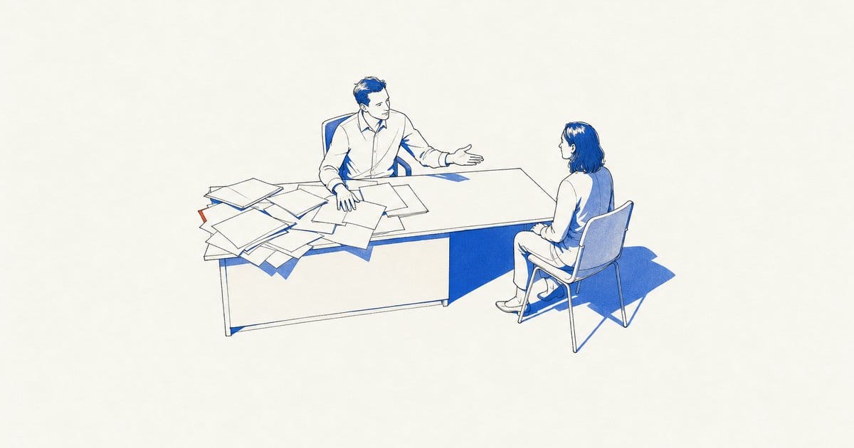 A consultant turns toward a client while loose papers cover the other side of the desk.